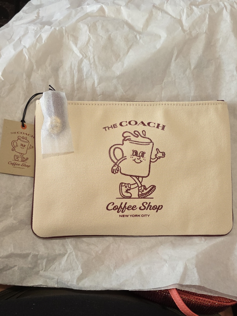 355- Coach Natural Canvas Coffee Shop Pouch with Burgundy Print